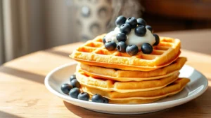 Golden-brown gluten-free waffles stacked on a white plate, steam rising, topped with fresh blueberries and a dollop of whipped cream, warm natural lighting from the side