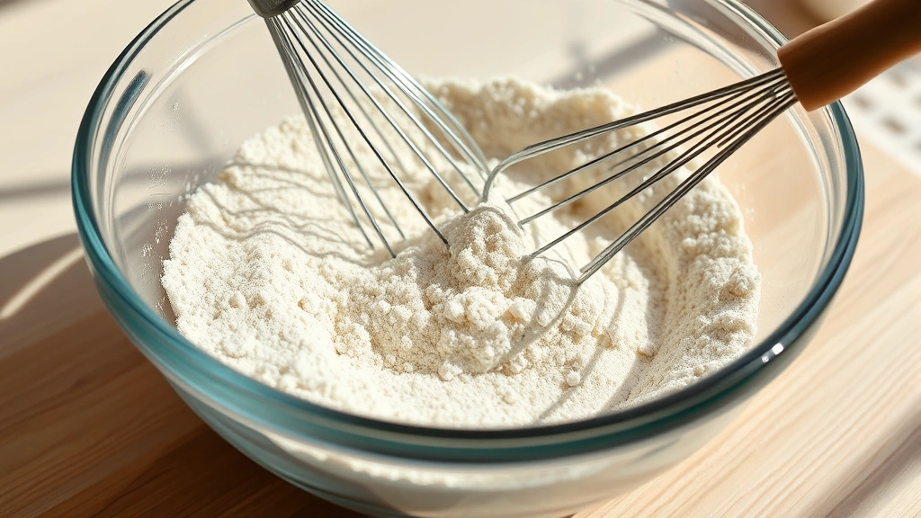 Close-up of gluten-free flour blend being whisked in a glass bowl with a whisk, dry ingredients mixed together, bright kitchen counter setting with natural sunlight