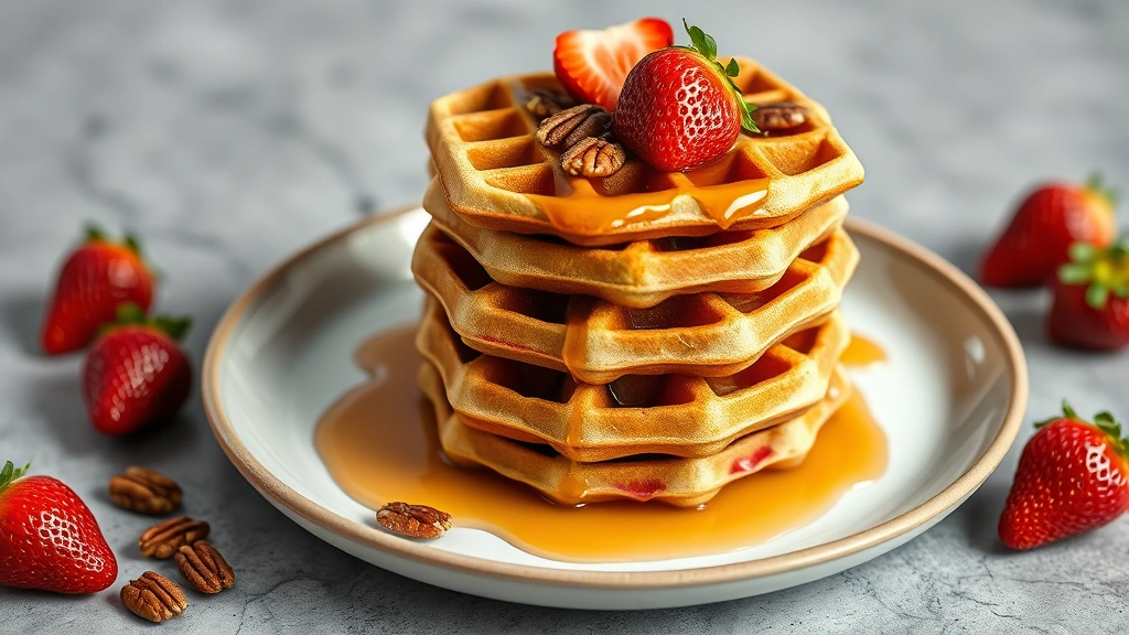Finished stack of three gluten-free waffles on a ceramic plate, drizzled with pure maple syrup, garnished with toasted pecans and fresh strawberries, professional food photography lighting