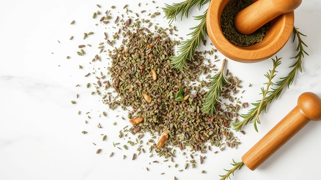 Overhead shot of dried oregano, thyme, marjoram, and rosemary herbs scattered on a white marble surface with a wooden mortar and pestle nearby, natural lighting