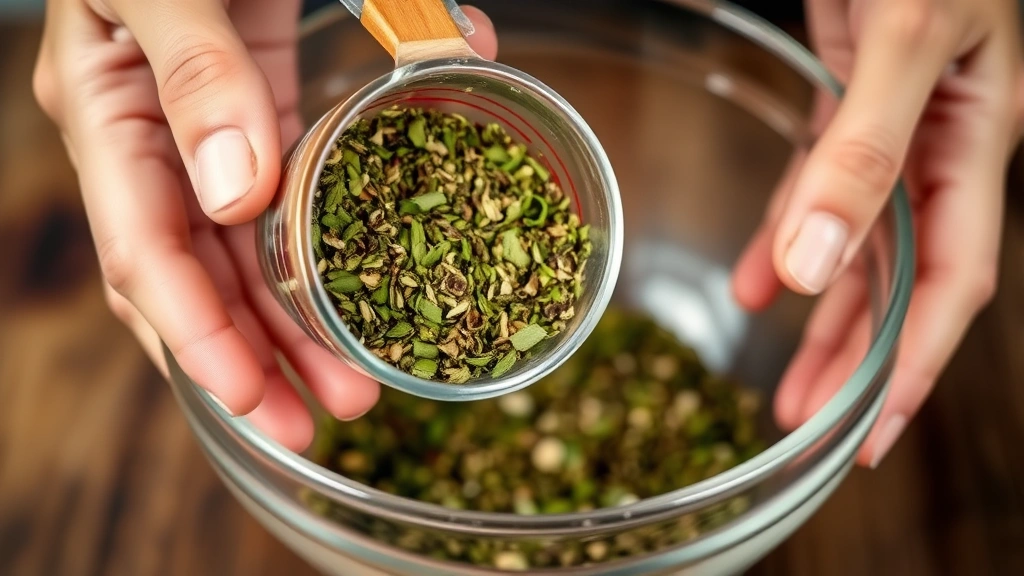Close-up of hands measuring dried herbs into a clear glass mixing bowl, showing the vibrant green color of dried Greek oregano and other Mediterranean herbs