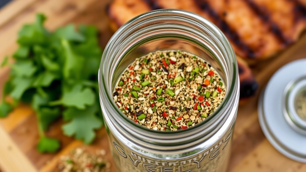 Finished Greek seasoning blend in an open glass jar, showing the mixed herbs and spices, with grilled chicken or vegetables blurred in the background on a wooden cutting board