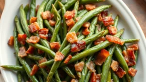 Close-up overhead shot of crispy green beans with bacon pieces scattered throughout, glistening with rendered bacon fat and butter, on a white ceramic serving platter with fresh black pepper visible on surface, natural window lighting