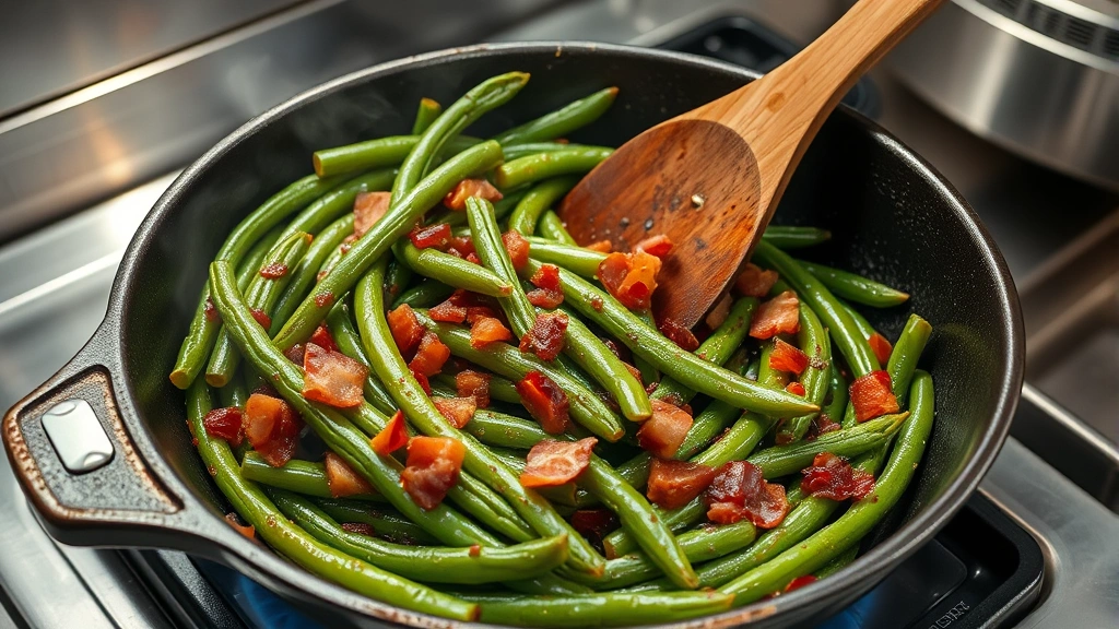 Action shot of green beans being stirred in a cast iron skillet over high heat, showing spotty brown caramelization on bean surfaces, bacon fat shimmering, steam rising, professional kitchen setting with stainless steel surroundings