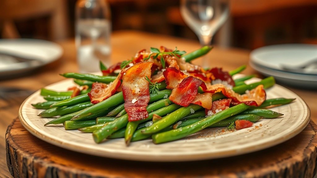 Plated final dish showing perfectly crispy green beans and bacon arranged on a rustic wooden board, garnished with fresh herbs and sea salt crystals, warm golden lighting from above, soft focus background showing dining table setting