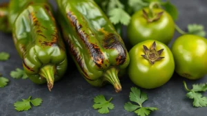 Close-up of charred poblano peppers and fresh tomatillos on a dark slate surface with cilantro leaves scattered around, warm lighting highlighting the vibrant green colors