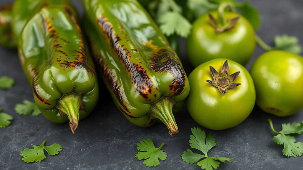 Close-up of charred poblano peppers and fresh tomatillos on a dark slate surface with cilantro leaves scattered around, warm lighting highlighting the vibrant green colors