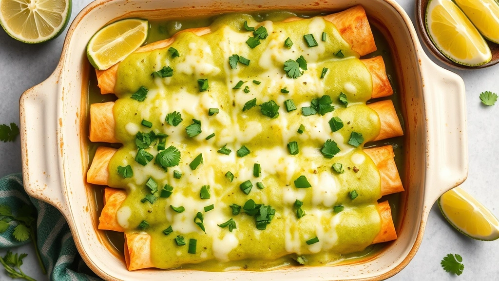 Overhead view of assembled green enchiladas in a ceramic baking dish covered with creamy green sauce and melted cheese, with fresh cilantro garnish and lime wedges on the side