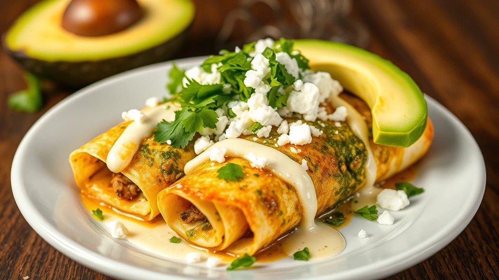 Finished green enchiladas plated on a white ceramic plate with Mexican crema drizzle, crumbled queso fresco, fresh cilantro, and sliced avocado, steam rising from the hot dish