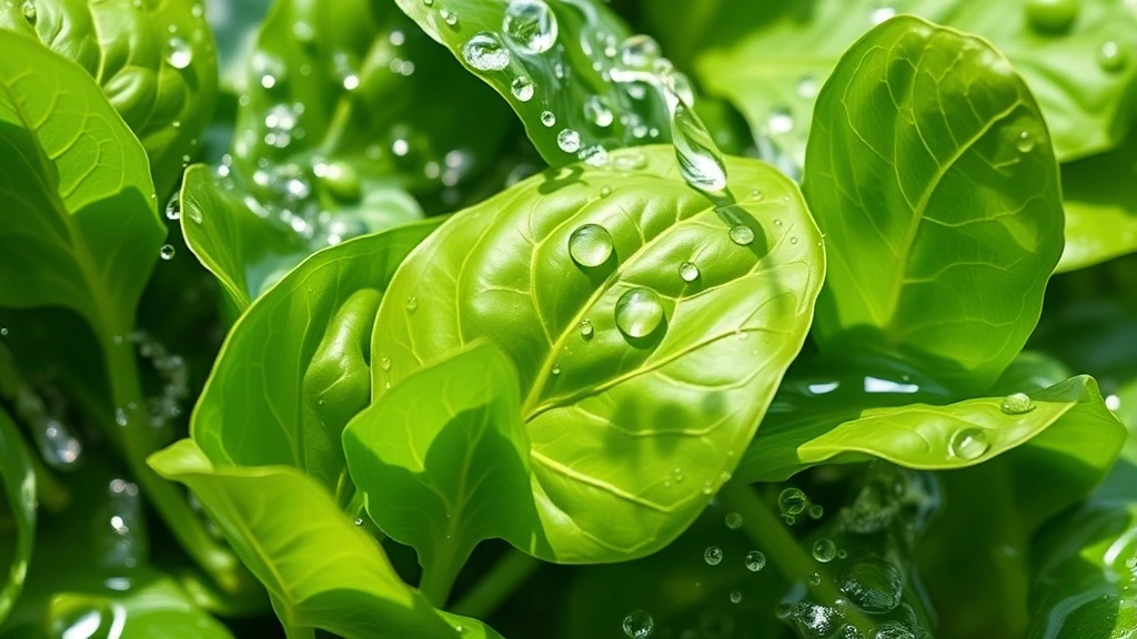 Fresh vibrant spinach leaves being washed in clear water, bright green color, water droplets visible, natural lighting from above