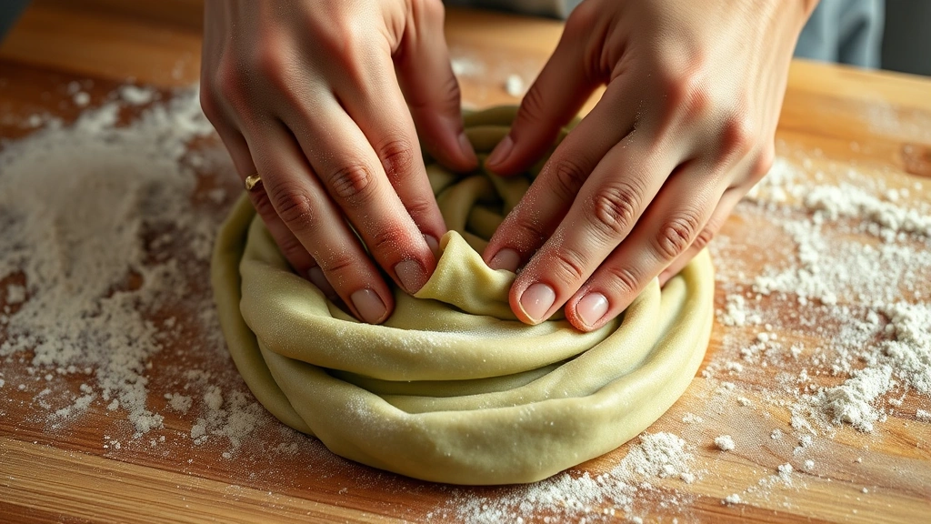 Hands kneading smooth green pasta dough on wooden cutting board, flour dust in air, close-up of texture and motion, warm kitchen lighting