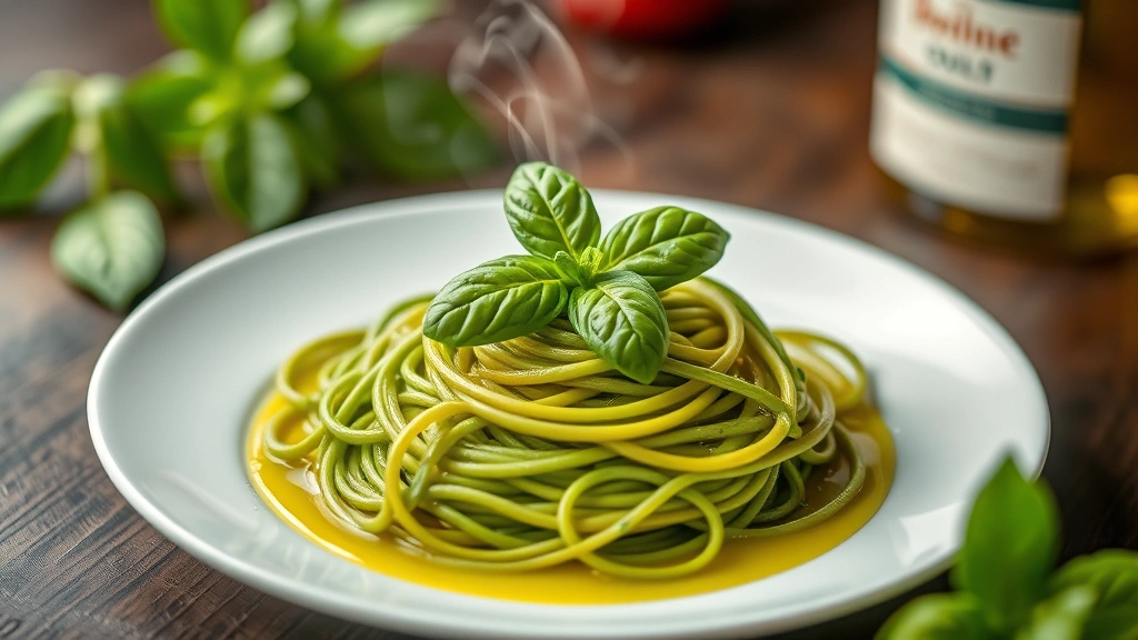 Cooked green spaghetti on white plate topped with fresh basil leaf and olive oil, steam rising, shallow depth of field, professional food photography