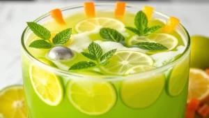 Vibrant lime green punch in a clear glass punch bowl with floating lime slices and fresh mint leaves, sherbet melting on surface, garnished with gummy candies around rim