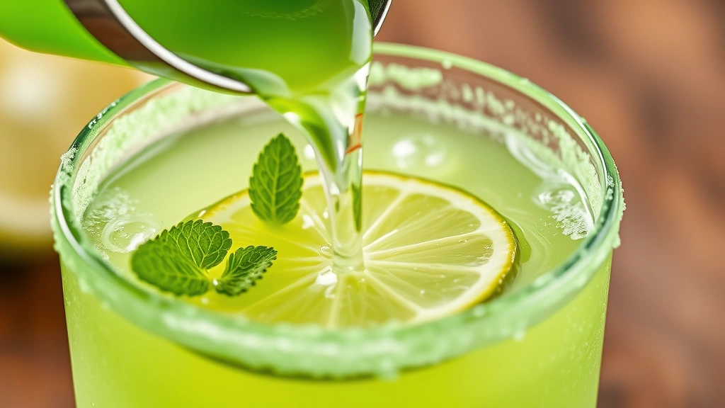 Close-up of punch ladle pouring bright green punch into a clear glass with lime slice floating, carbonation bubbles visible, frosted glass rim with green sugar, mint sprig as garnish