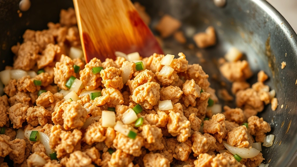 Close-up of ground chicken being broken apart with wooden spoon in hot skillet with diced onions and minced garlic, steam rising, golden-brown meat, vibrant kitchen lighting