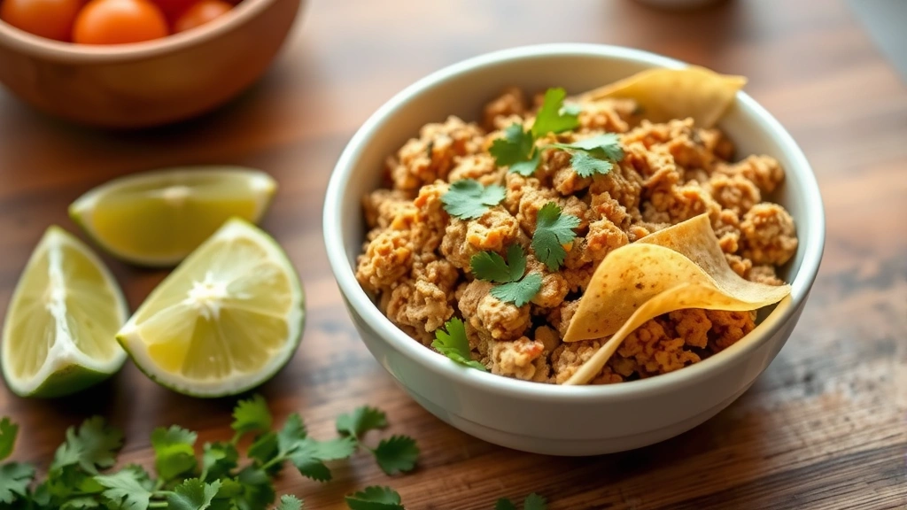 Colorful overhead shot of finished ground chicken taco filling in white ceramic bowl with fresh lime wedges beside it, cilantro garnish, warm natural window light