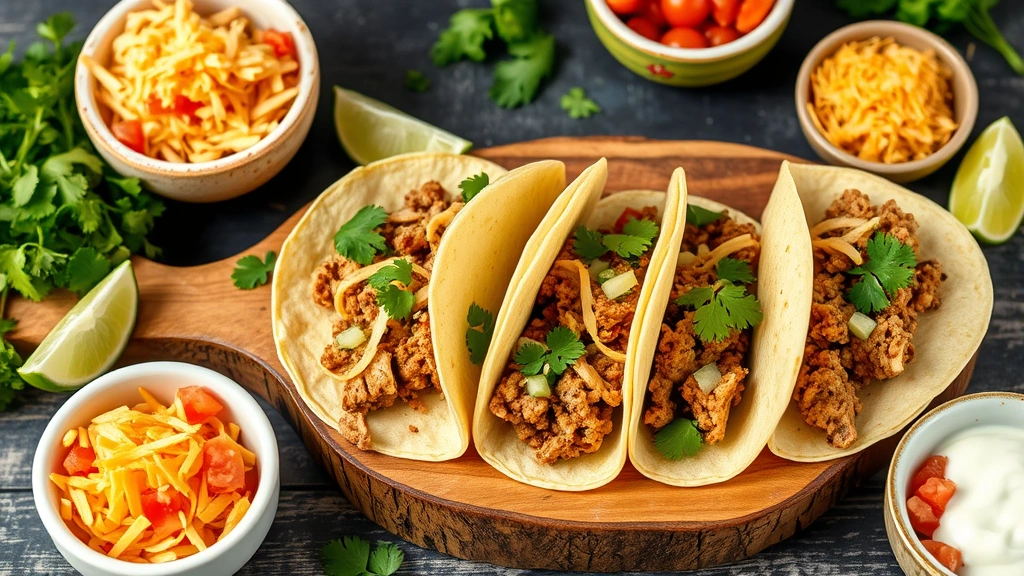 Beautifully assembled ground chicken tacos on rustic wooden board with lime wedges, fresh cilantro, diced tomatoes, shredded cheese, and sour cream in small bowls nearby, appetizing arrangement