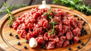 Rustic wooden cutting board with freshly ground venison meat in deep red color, displayed with fresh rosemary sprigs, garlic cloves, and whole black peppercorns scattered around, natural lighting