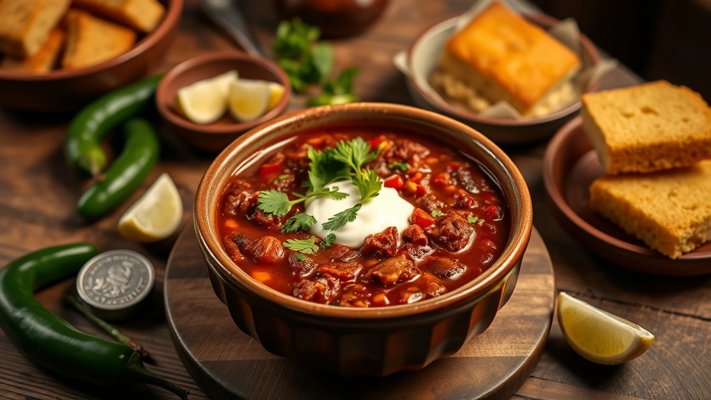 Steaming bowl of rich venison chili topped with sour cream and fresh cilantro, surrounded by cornbread, jalapeños, and lime wedges on rustic wooden table, warm ambient lighting