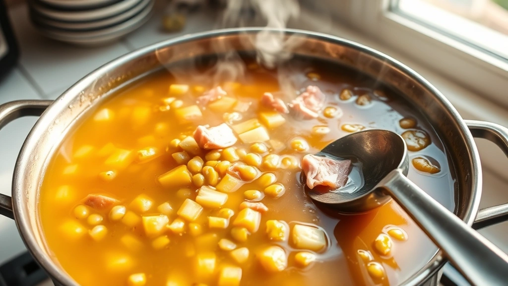 A large pot of simmering golden ham bone soup with visible split peas, diced potatoes, and vegetables, steam rising, ladle resting on the rim, natural daylight through kitchen window