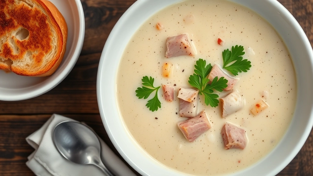 Overhead shot of a white ceramic bowl filled with creamy ham bone soup garnished with fresh green parsley and black pepper, crusty bread slice on the side, wooden table setting