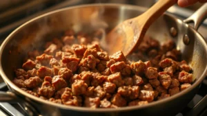 Golden-brown ground beef browning in a stainless steel skillet with steam rising, wooden spoon breaking meat apart, warm kitchen lighting highlighting the caramelized edges