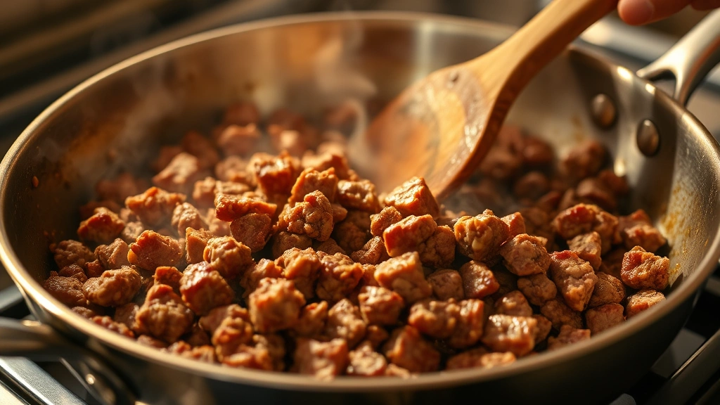 Golden-brown ground beef browning in a stainless steel skillet with steam rising, wooden spoon breaking meat apart, warm kitchen lighting highlighting the caramelized edges