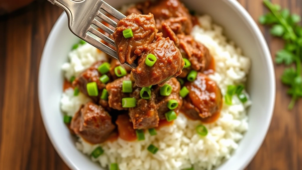 Overhead shot of finished crockpot hamburger beef served over fluffy white rice in a white ceramic bowl, garnished with fresh green onions and parsley, fork lifting a tender piece of beef, warm golden lighting