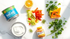 Overhead flat lay of fresh ingredients for healthy tuna salad: two cans of water-packed tuna, Greek yogurt in small bowl, diced celery and bell peppers, fresh dill and parsley, lemon halves, and Dijon mustard jar on white marble surface with natural sunlight