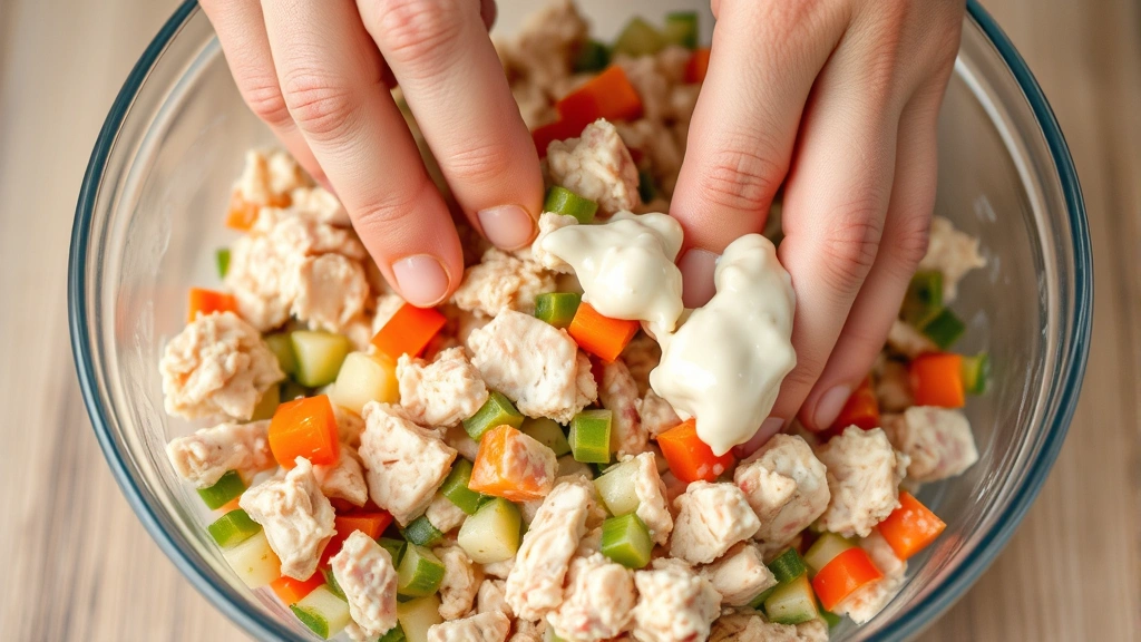 Close-up action shot of hands gently folding together flaked tuna with diced vegetables and creamy dressing in a glass mixing bowl, showing chunky texture and vibrant vegetable pieces mixed throughout