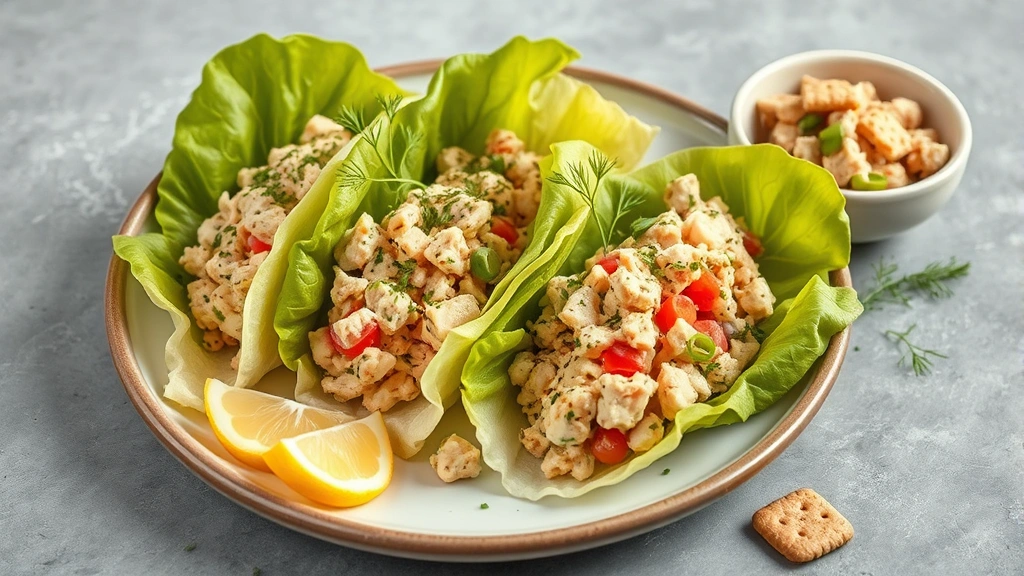 Beautiful plated healthy tuna salad served in butter lettuce wraps garnished with fresh dill sprigs and lemon wedges, alongside a small bowl of extra salad and whole grain crackers on a ceramic plate