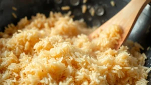 Close-up of fluffy separated rice grains being tossed in a wok with steam rising, golden-brown color, professional kitchen lighting, shallow depth of field