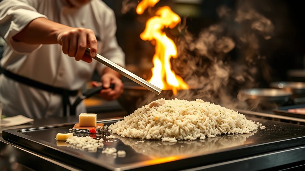 Professional hibachi chef preparing fried rice on a flat-top griddle with butter and ingredients, theatrical cooking setup, bright flames in background, dynamic motion