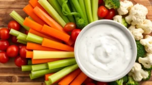 Creamy white ranch dip in ceramic bowl surrounded by fresh colorful vegetable crudités including carrots, celery, bell peppers, cherry tomatoes, broccoli, and cauliflower florets on wooden serving board