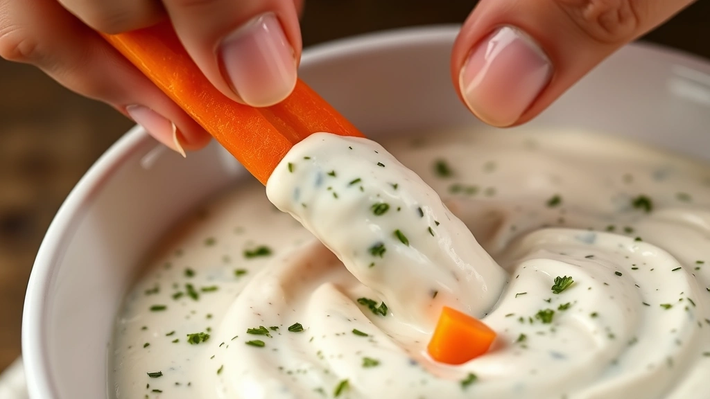 Close-up of hands dipping fresh carrot stick into creamy herb-speckled ranch dip in white serving bowl, showing texture and herbs