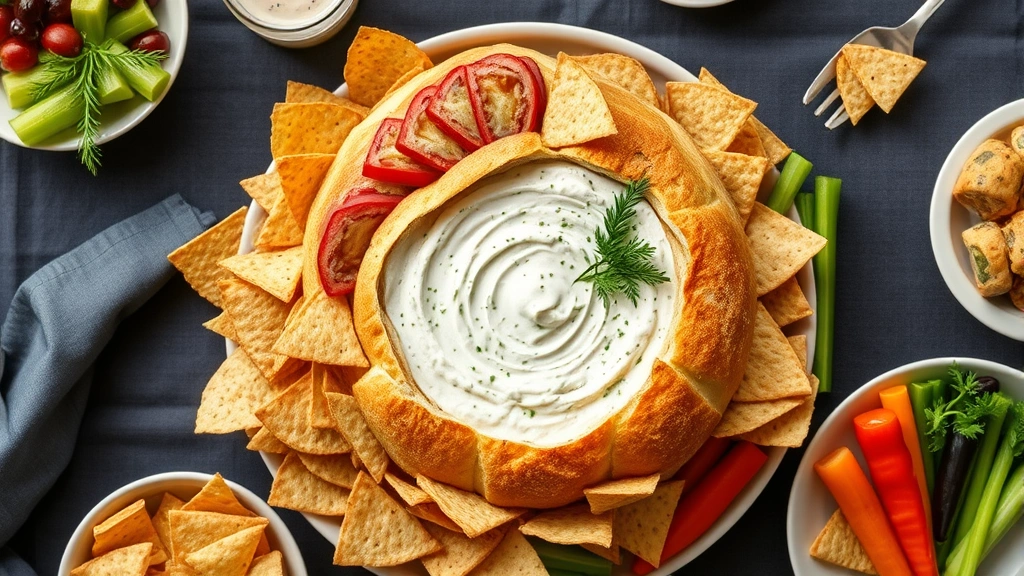 Overhead flat lay of Hidden Valley ranch dip served in hollowed bread round centerpiece with arranged tortilla chips, crackers, vegetables, and fresh herbs garnish on party table