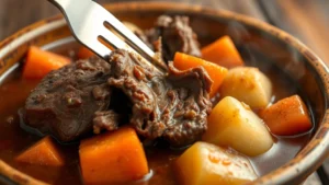 Tender slow-cooked beef chuck roast with carrots and potatoes in rich brown gravy, steam rising, rustic ceramic bowl, fork breaking apart meat