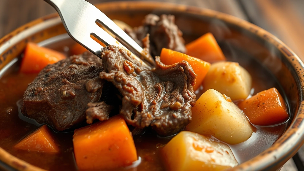Tender slow-cooked beef chuck roast with carrots and potatoes in rich brown gravy, steam rising, rustic ceramic bowl, fork breaking apart meat
