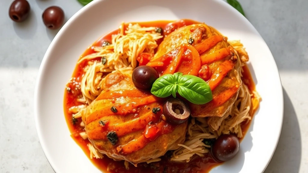 Vibrant overhead shot of shredded chicken thighs glistening with Mediterranean sauce, kalamata olives, fresh basil garnish, white plate, natural light