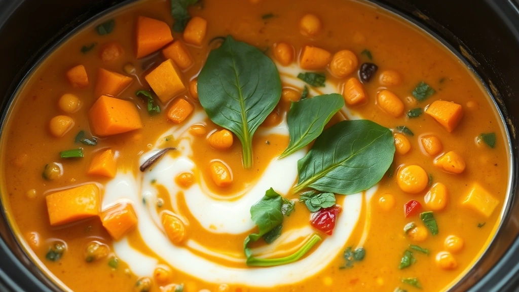 Colorful lentil curry in slow cooker with golden turmeric sauce, diced sweet potato, fresh spinach, coconut milk swirl, steam visible