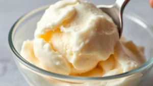 Close-up of creamy vanilla ice cream being scooped from a glass bowl, showing smooth texture and glossy surface, soft natural lighting highlighting the rich color and consistency