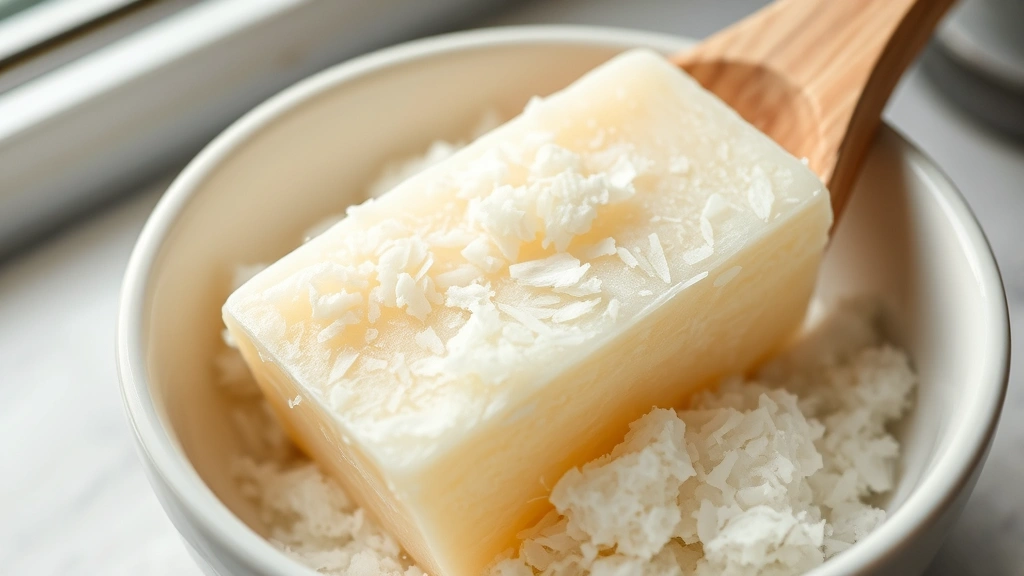 Close-up of grated castile soap bar in white ceramic bowl, fine texture visible, natural lighting from kitchen window, wooden spoon beside bowl
