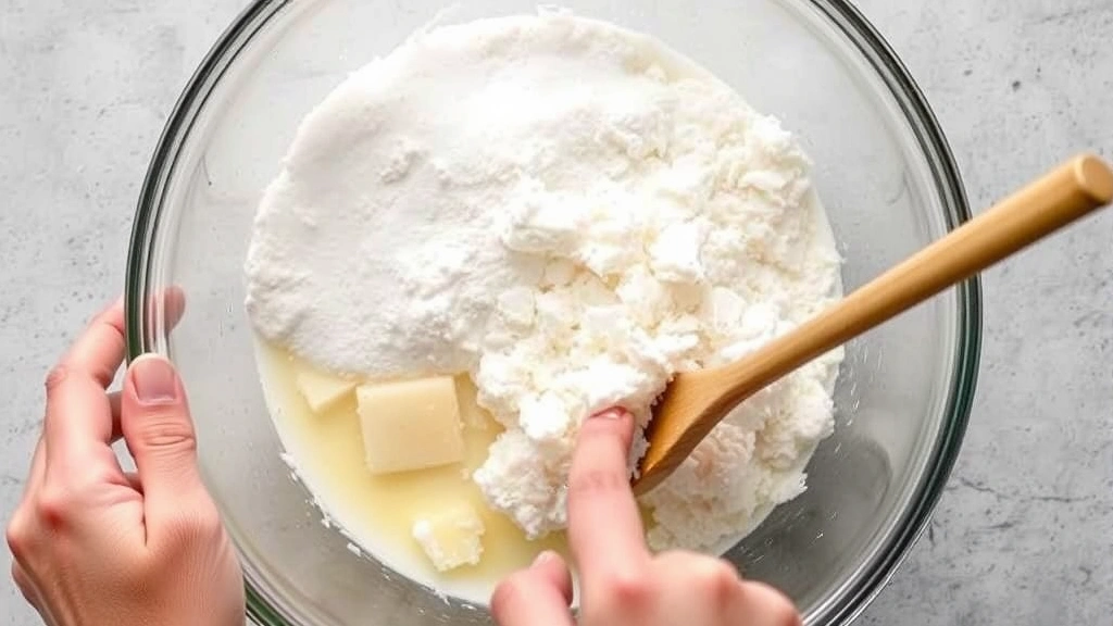 Overhead view of mixing homemade laundry detergent ingredients in large glass bowl, washing soda and borax being combined with grated soap, hands stirring with wooden spoon