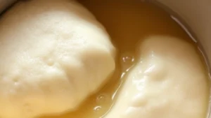 Close-up of fermented hopper batter showing visible bubbles and risen surface, golden-cream colored, in a ceramic bowl with cloth nearby, natural kitchen lighting