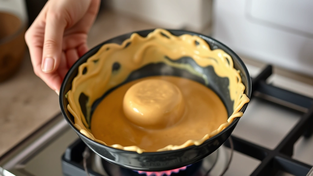 Hands tilting a hopper pan with golden-brown batter climbing the sides, creating delicate lacy edges, steam rising, stove burner visible in background