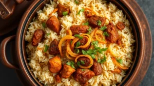 Overhead shot of perfectly cooked Hyderabadi biryani in a traditional clay handi pot, showing layers of fluffy basmati rice interspersed with tender meat pieces, garnished with crispy golden fried onions and fresh green herbs, steam rising gently