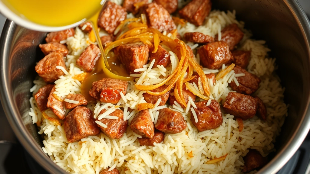 Close-up of the layering process in a heavy-bottomed pot showing alternate layers of marinated mutton pieces and partially cooked basmati rice grains, with ghee being drizzled over the top layer, golden fried onions and saffron-soaked milk visible