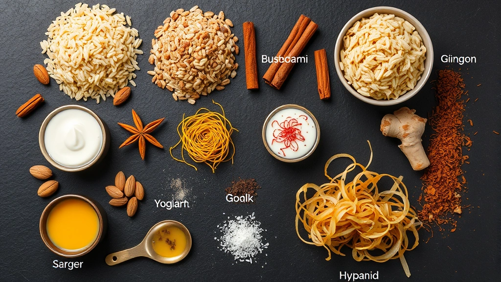 Artistic flat lay of Hyderabadi biryani ingredients arranged on a dark surface including aged basmati rice grains, whole spices like cardamom and cinnamon sticks, fresh ginger-garlic paste, yogurt, saffron strands in milk, ghee, and crispy fried onions