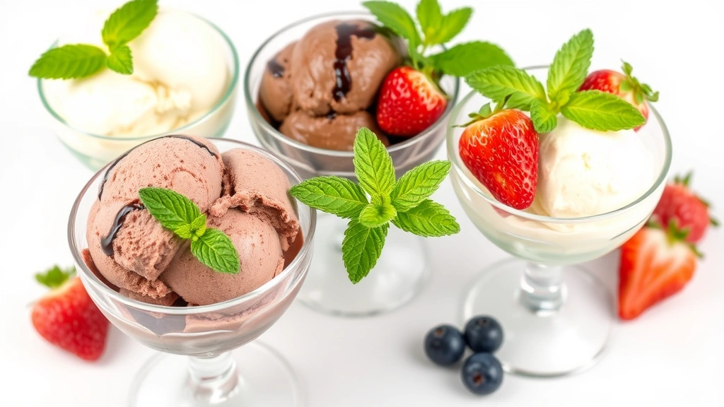 Finished homemade ice cream in various flavors displayed in glass bowls—vanilla, chocolate, and strawberry—with fresh berries and mint garnish, elegant dessert presentation