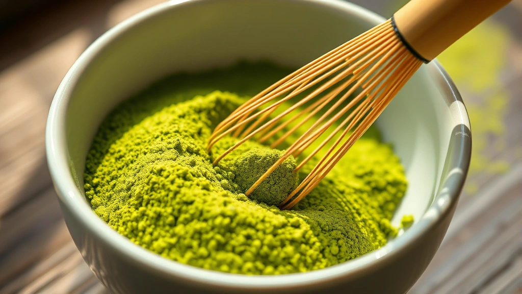Close-up of vibrant bright green matcha powder being sifted into a white ceramic bowl with traditional bamboo whisk visible, natural morning light streaming across the surface, fresh and ceremonial-grade matcha